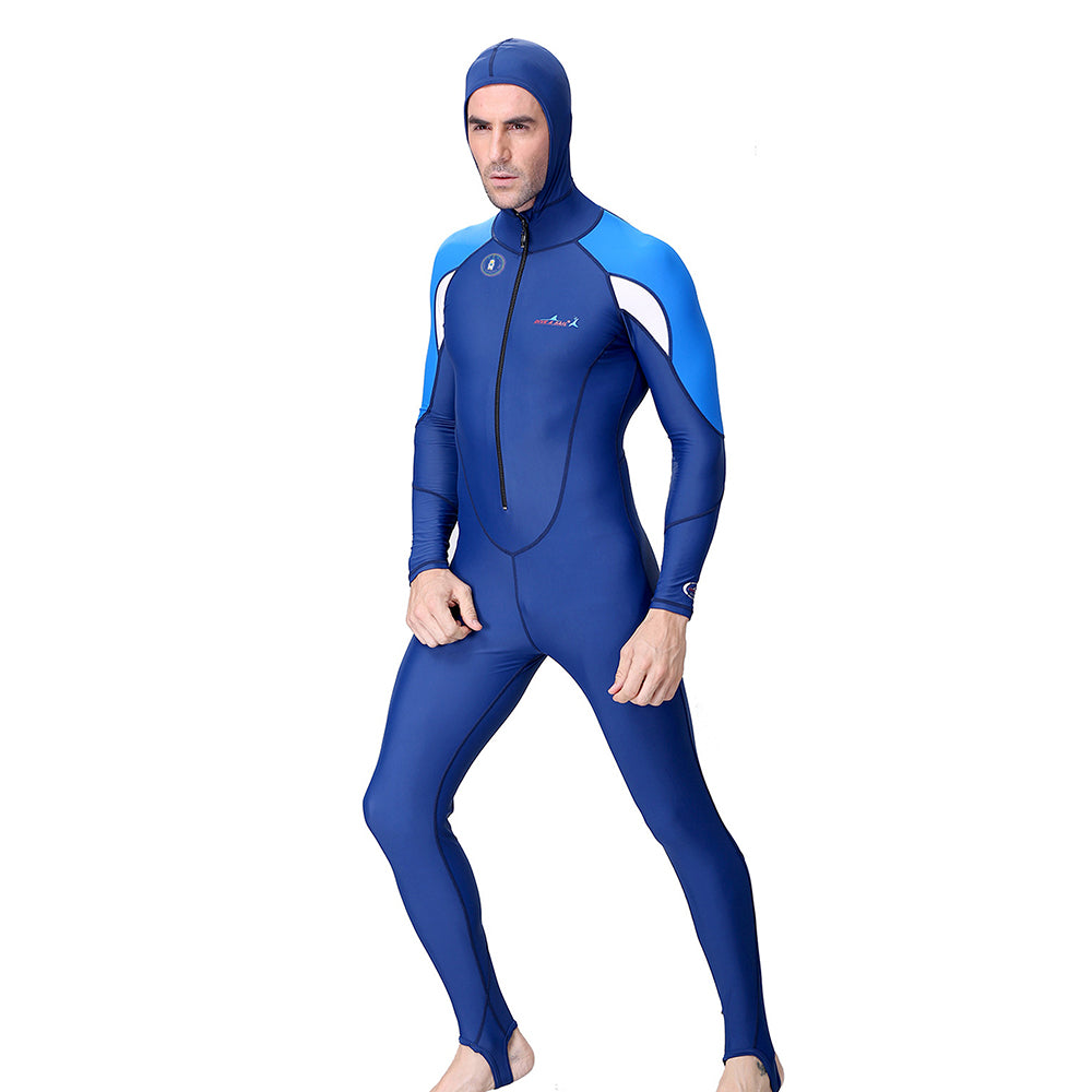 Full-Length Navy Blue Hood & Stirrup Foot Loop, Teens and Mens Swimwear in UPF 50+ with Free Washbag