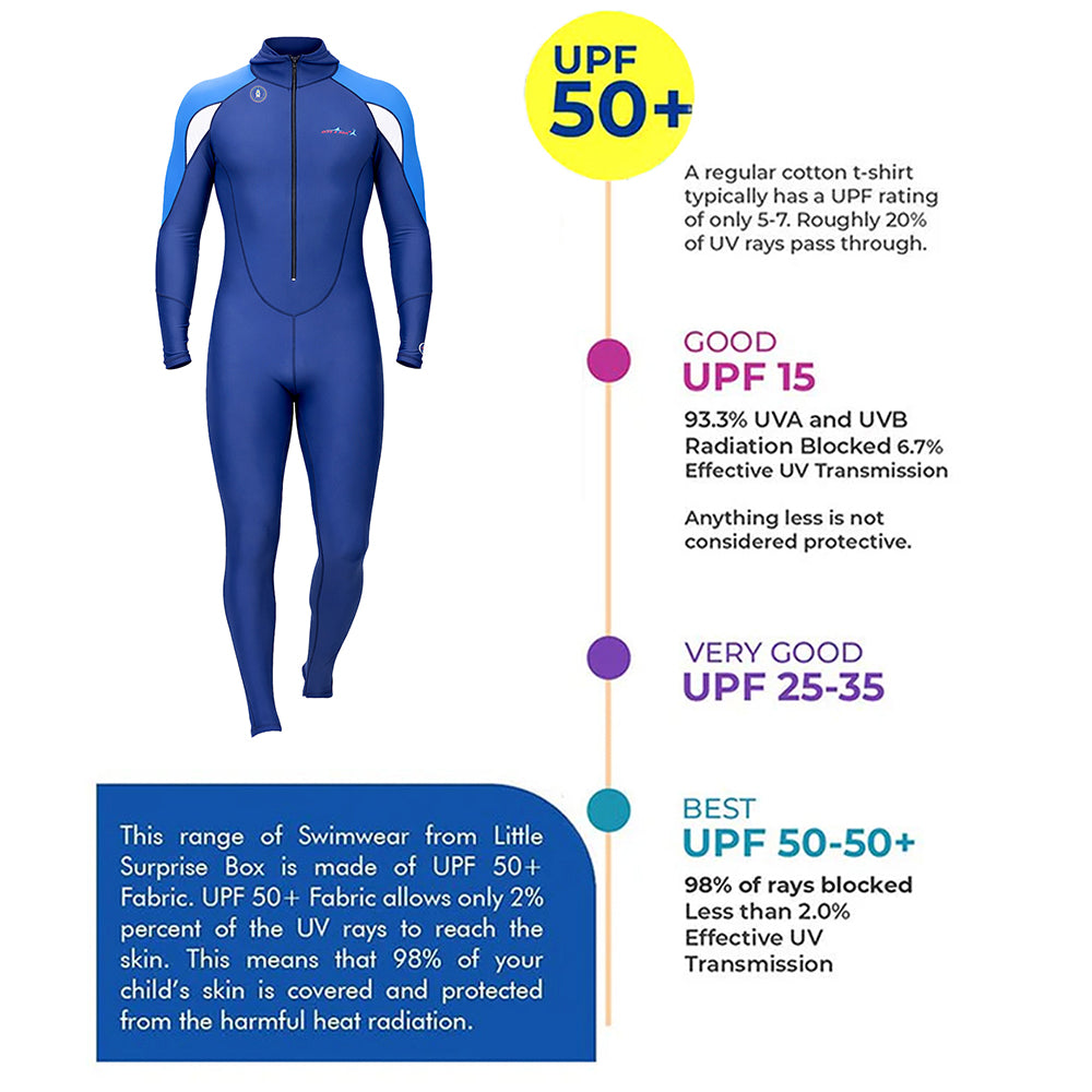 Full-Length Navy Blue Hood & Stirrup Foot Loop, Teens and Mens Swimwear in UPF 50+ with Free Washbag