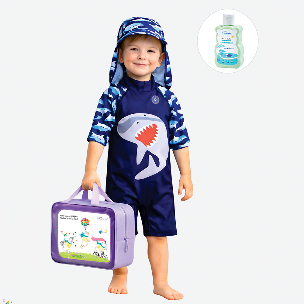 Navy Shark, Toddlers & Kids Swimwear with long Cap Free Wash Bag & Free Swim Detergent
