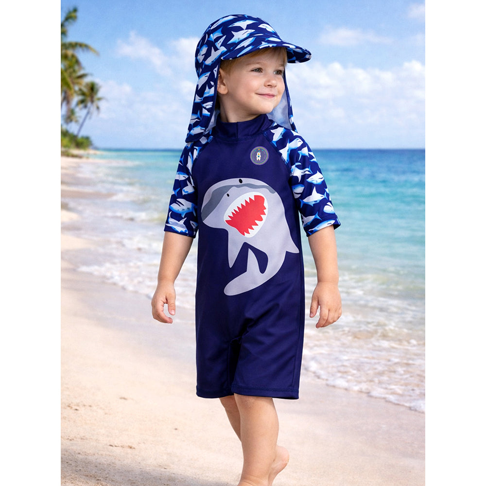Navy Shark, Toddlers & Kids Swimwear with long Cap Free Wash Bag & Free Swim Detergent