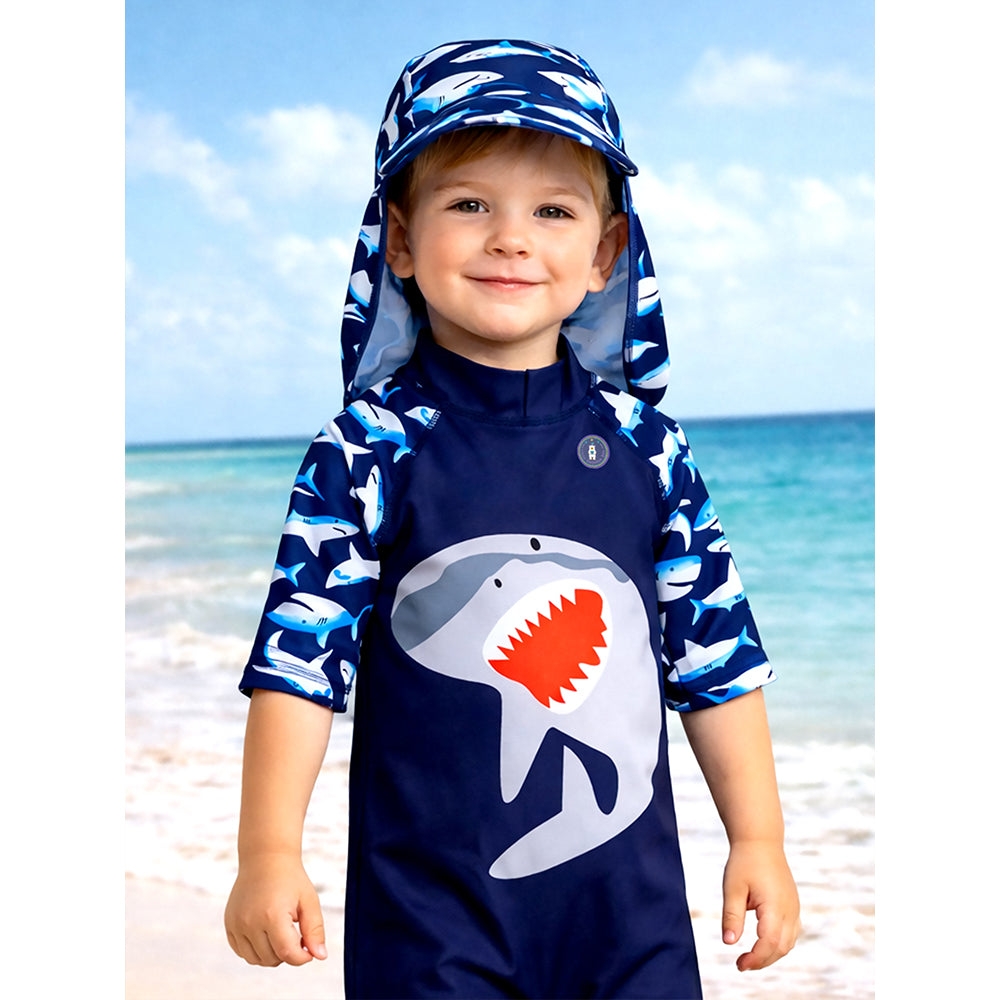 Navy Shark, Toddlers & Kids Swimwear with long Cap Free Wash Bag & Free Swim Detergent