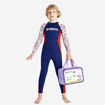 Dive Navy Nautical Printed Full Length 2.5mm Neoprene Kids Swimsuit with Free Washbag