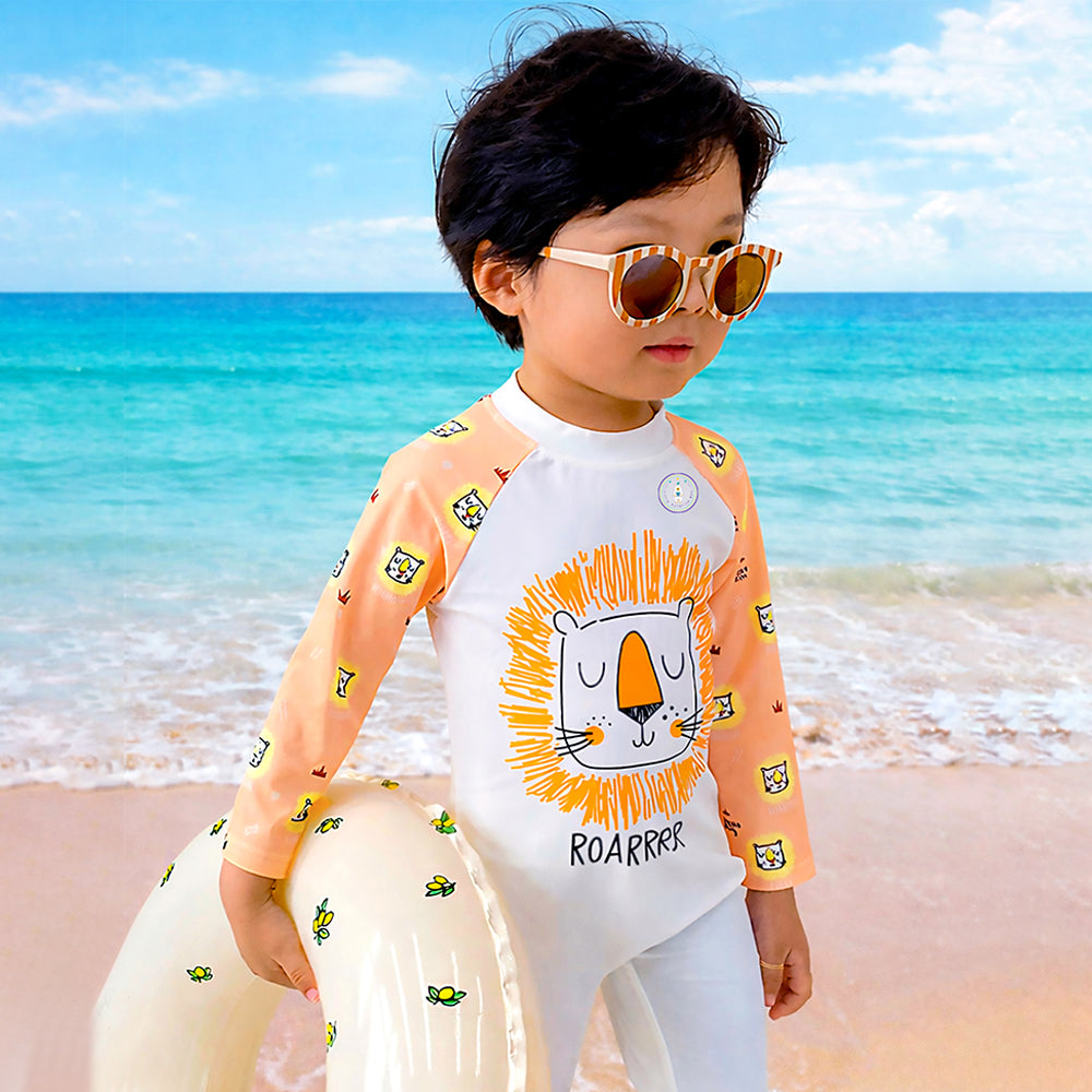 Orange Roar Lion, Toddlers & Kids Swimwear with matching Hat, Free Wash Bag & Free Swim Detergent