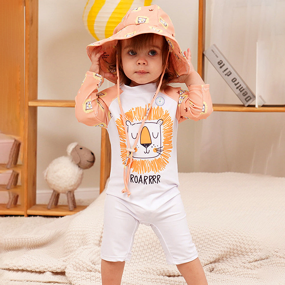 Orange Roar Lion, Toddlers & Kids Swimwear with matching Hat, Free Wash Bag & Free Swim Detergent