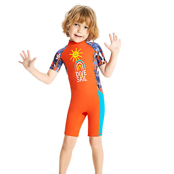 Half Sleeves Kids Swimwear Orange Sunshine Printed Knee Length,With Upf 50+