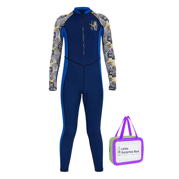 Full Sleeves Kids Swimwear Blue & Dark Blue Palm Leaves printed Sleeves, UPF 50+