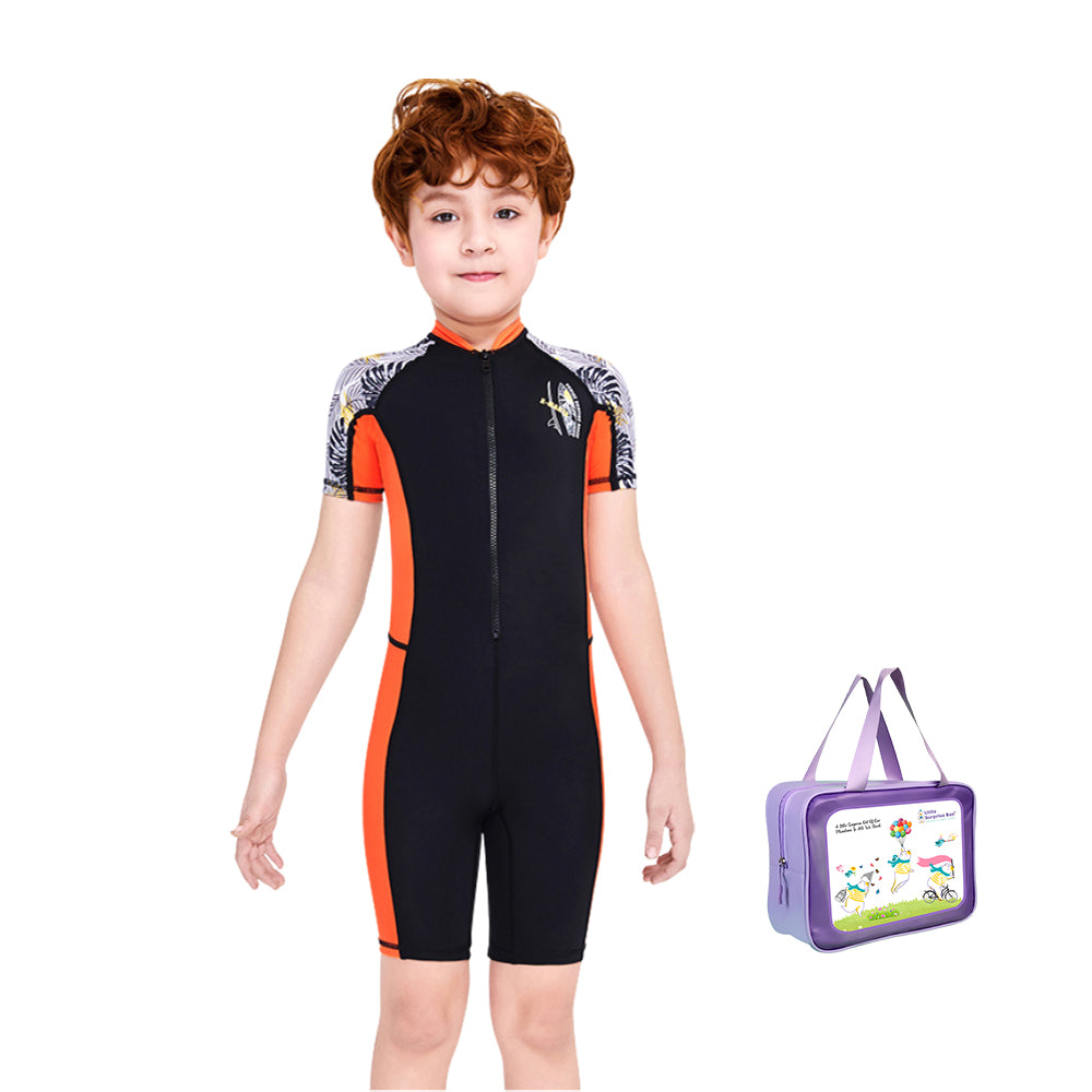 Half Sleeves Kids Swimwear Orange & Black Palm Leaves Printed Sleeves, Knee Length with UPF 50+ with Free Washbag