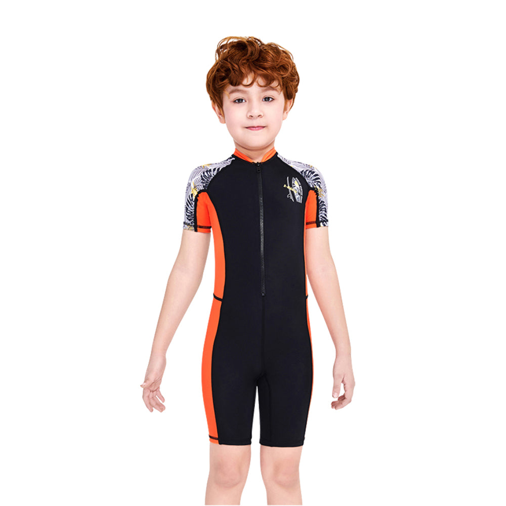 Knee Length Orange & Black Palm Leaves Printed Kids Swimwear In Upf 50+ Fabric