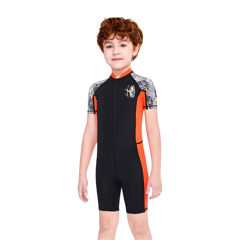 Half Sleeves Kids Swimwear Orange & Black Palm Leaves Printed Sleeves, Knee Length with UPF 50+ with Free Washbag