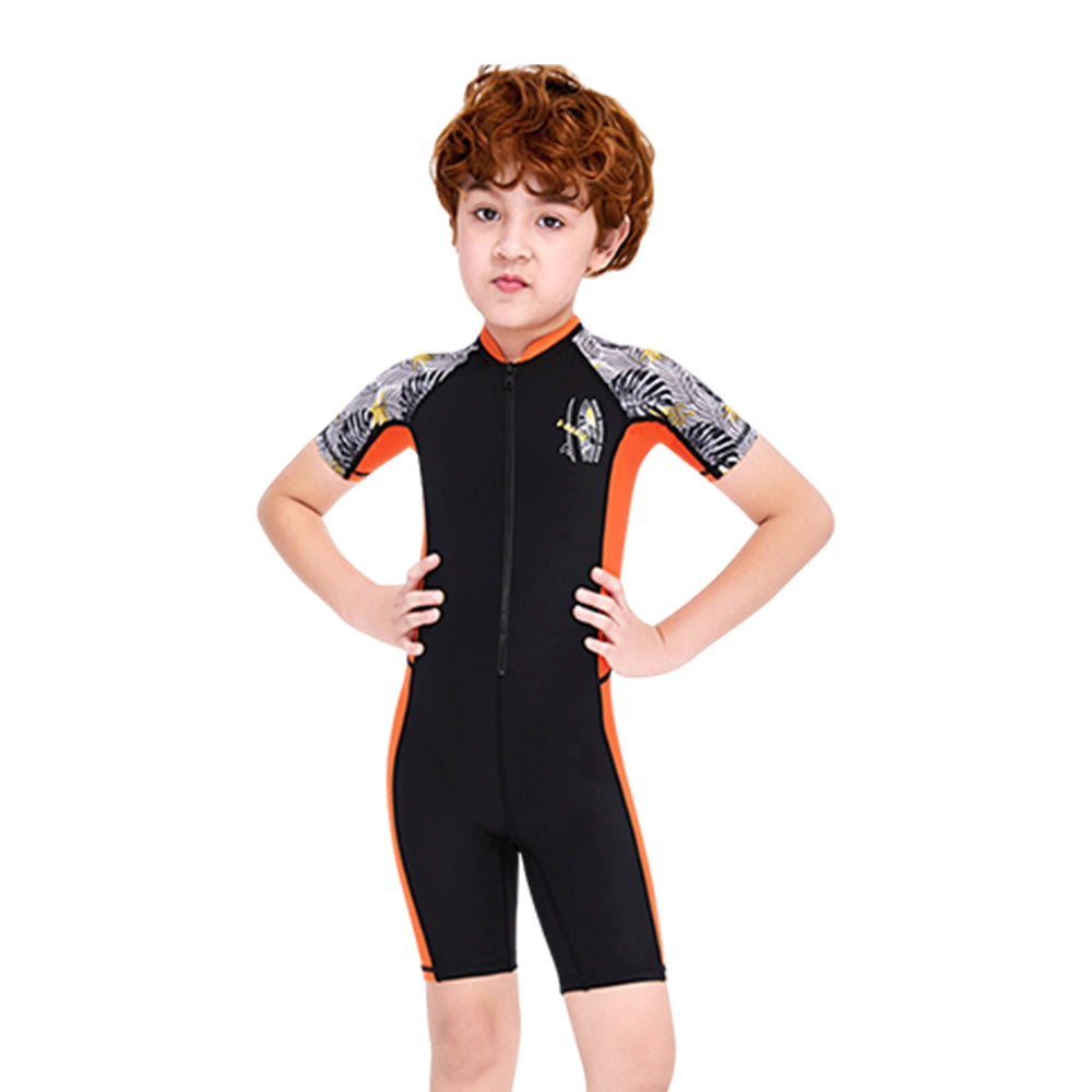 Half Sleeves Kids Swimwear Orange & Black Palm Leaves Printed Sleeves, Knee Length with UPF 50+ with Free Washbag