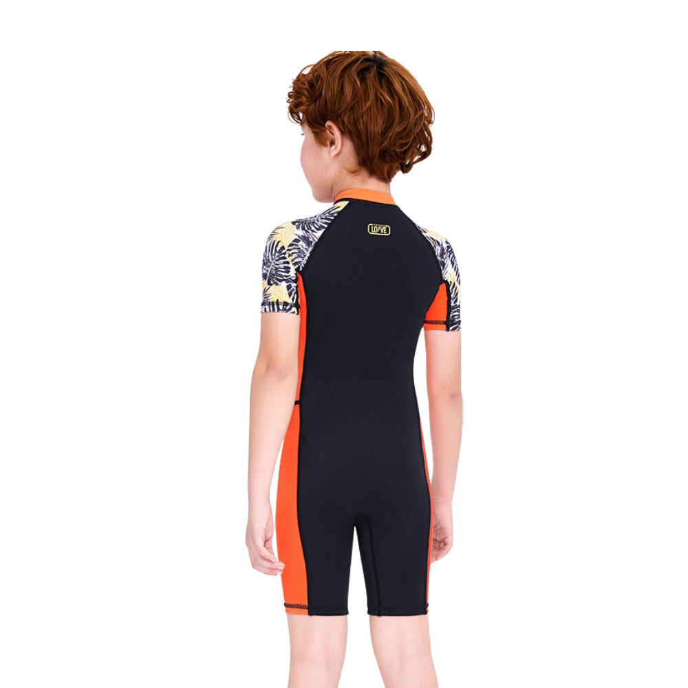 Half Sleeves Kids Swimwear Orange & Black Palm Leaves Printed Sleeves, Knee Length with UPF 50+ with Free Washbag