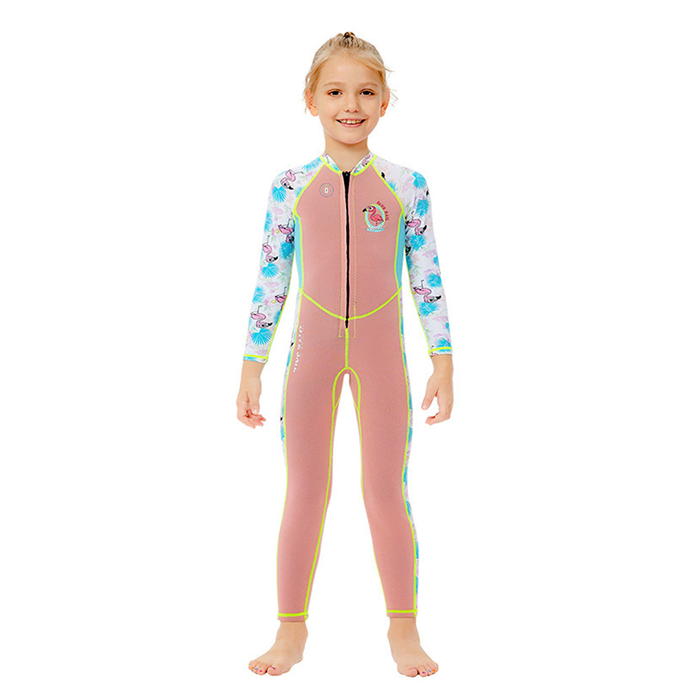 Dive Peach Flamingo & Tropical Printed Full Length 2mm Neoprene Kids Swimsuit with Free Washbag