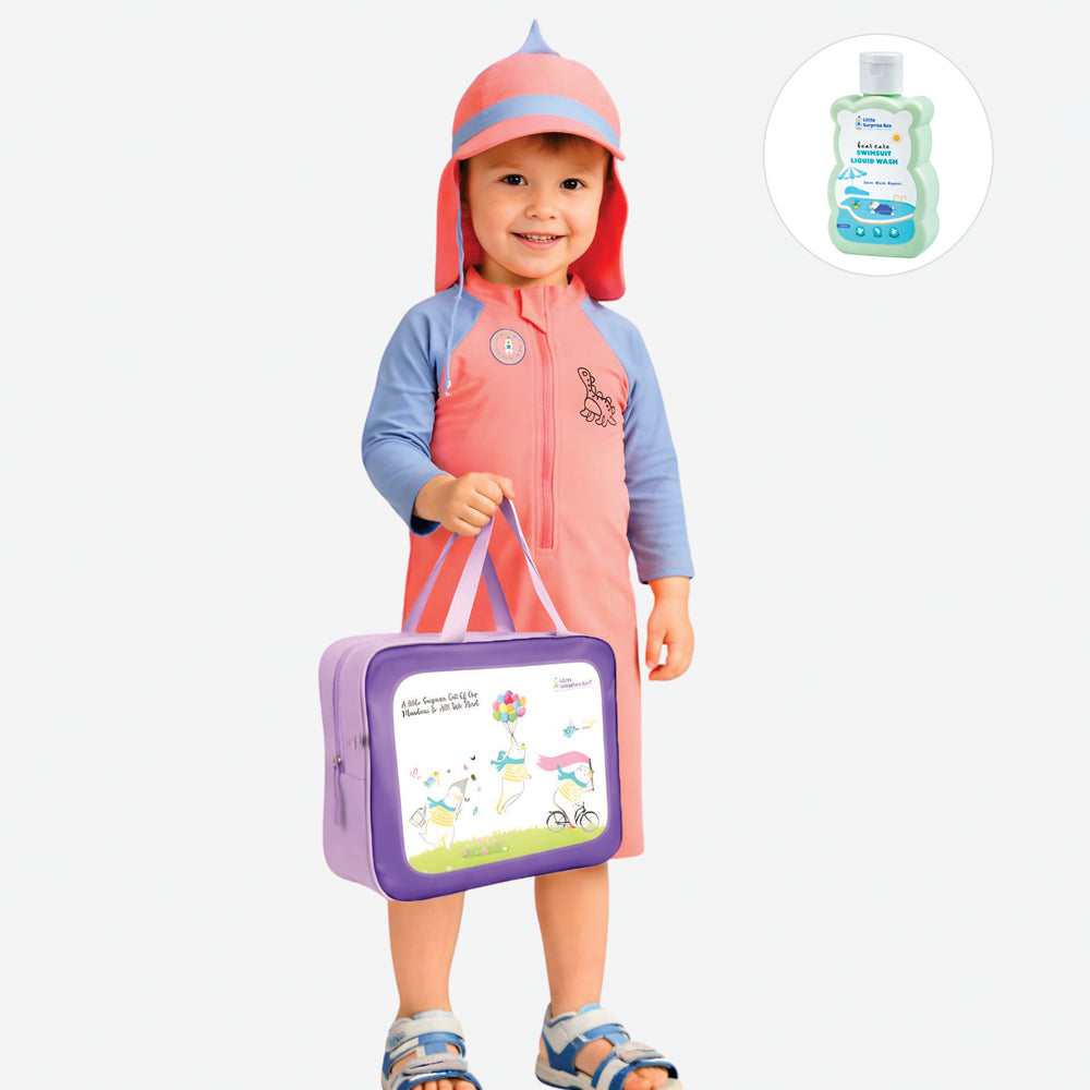 Peach & Blue spiked Dino , Toddlers & Kids Swimwear with long Cap Free Wash Bag & Free Swim Detergent