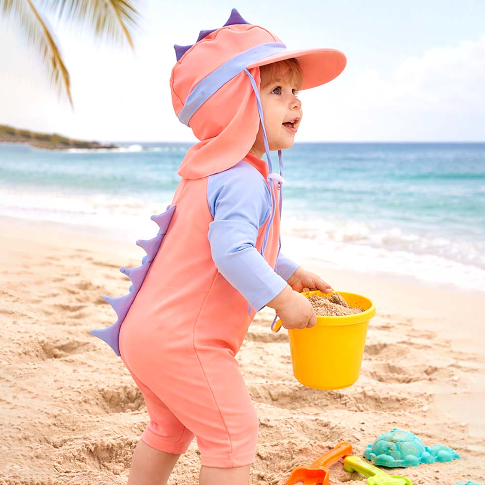 Peach & Blue spiked Dino , Toddlers & Kids Swimwear with long Cap Free Wash Bag & Free Swim Detergent
