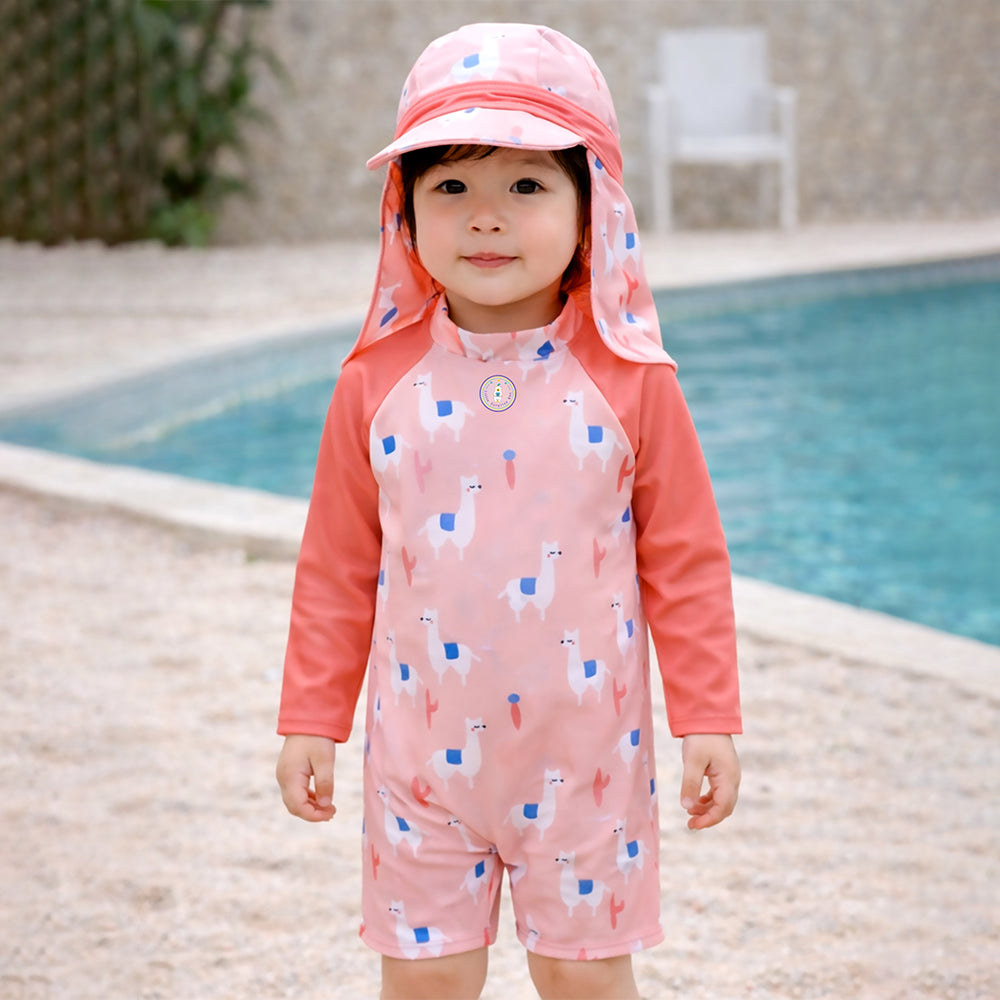 Peach Lhama, Toddlers & Kids Swimwear with long Cap Free Wash Bag & Free Swim Detergent