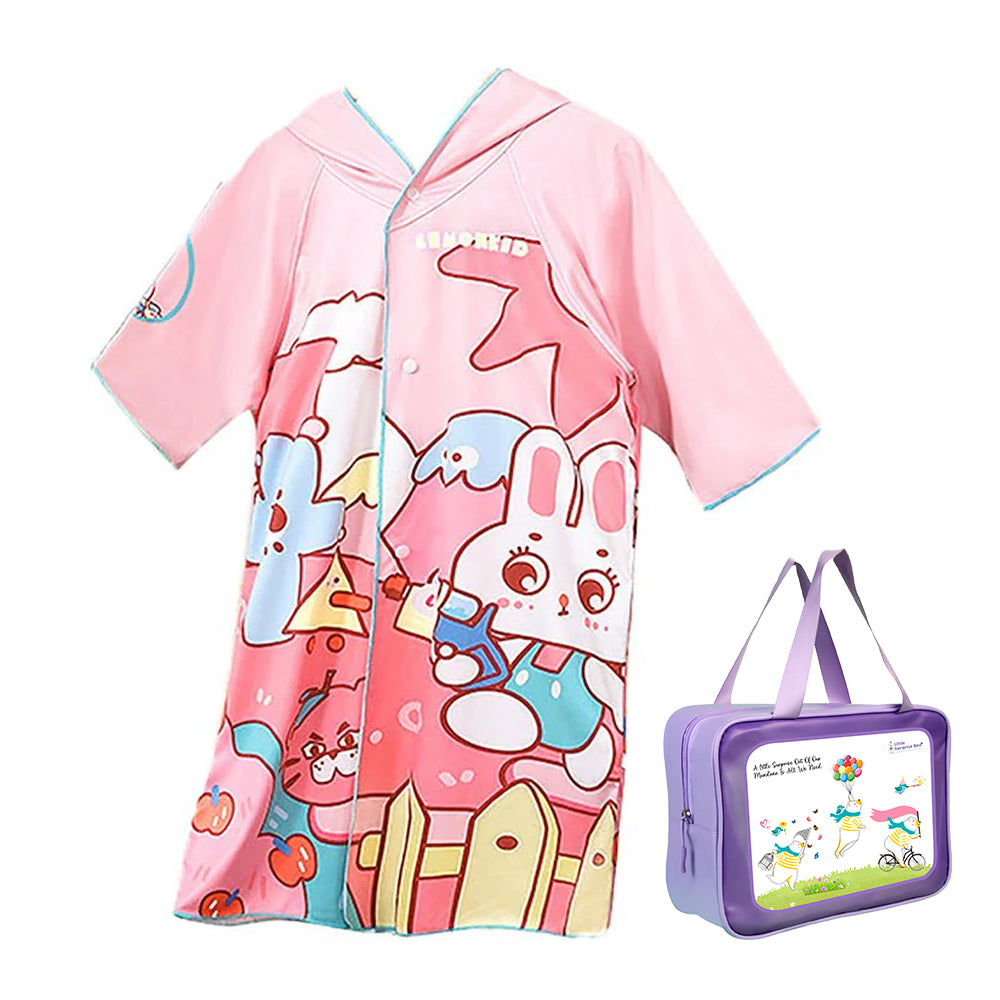 Pink Bunny Lightweight Microfibre Hooded Swim Poncho/ beach coverup towel for Kids with Free Washbag