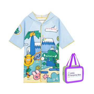 Blue Dino Lightweight Microfibre Hooded Swim Poncho/ beach coverup towel for Kids with Free Washbag
