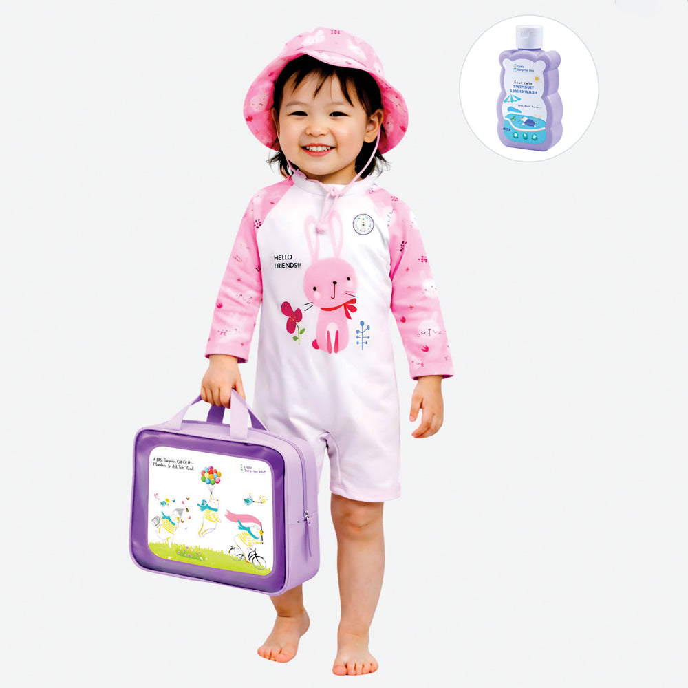 Pink Bunny, Toddlers & Kids Swimwear with matching Hat, Free Wash Bag & Free Swim Detergent