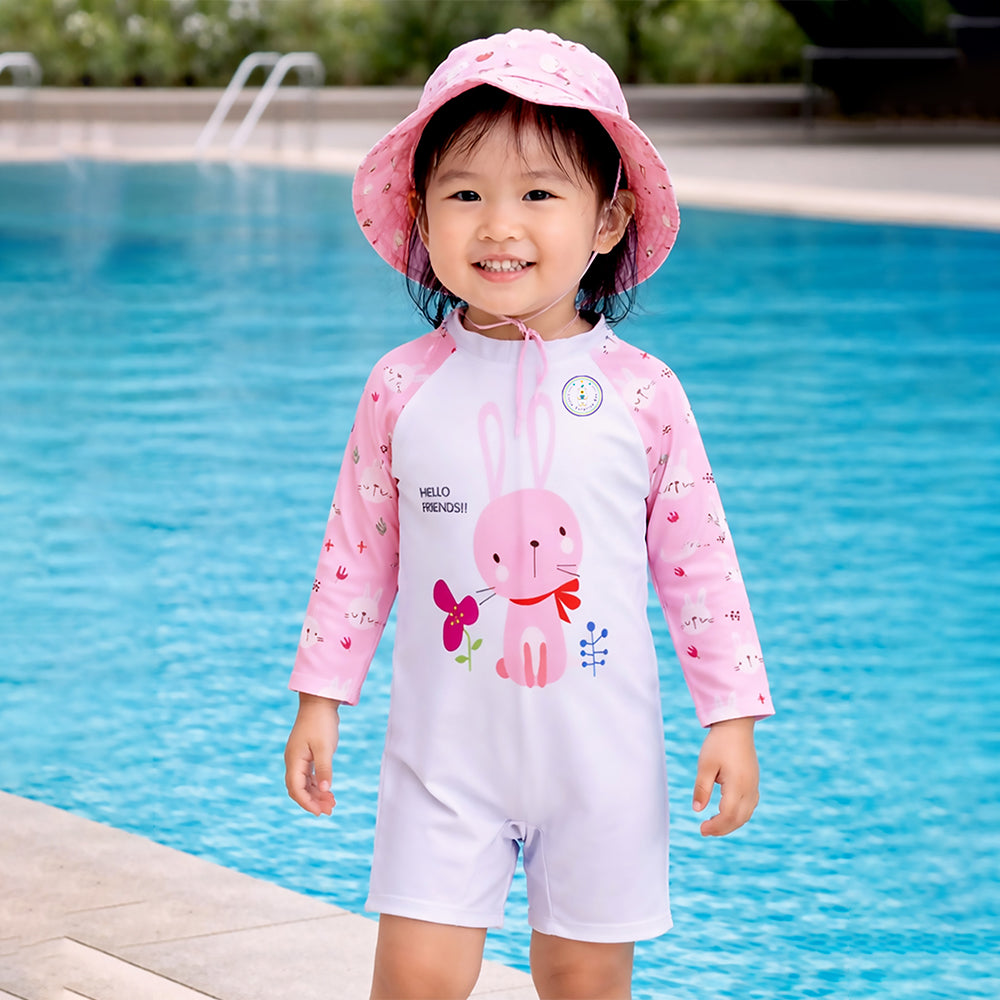 Pink Bunny, Toddlers & Kids Swimwear with matching Hat, Free Wash Bag & Free Swim Detergent