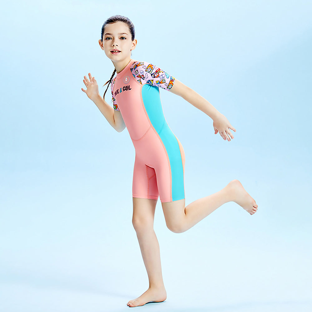 Pink Multi-Color Toy Play Printed, Half Sleeves, Knee Length Kids Swimwear in Upf 50+ Fabric with Swim Cap & Free Washbag