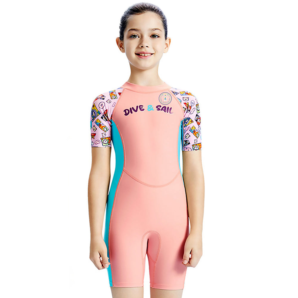 Pink Multi-Color Toy Play Printed, Half Sleeves, Knee Length Kids Swimwear in Upf 50+ Fabric with Swim Cap & Free Washbag