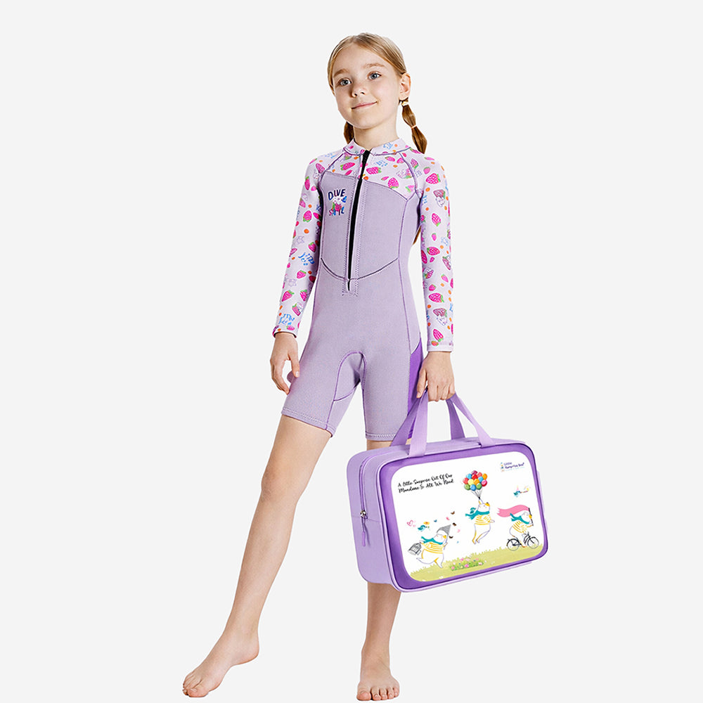 Dive Purple Strawberry Printed Knee Length 2.5mm Neoprene Kids Swimsuit with Free Washbag
