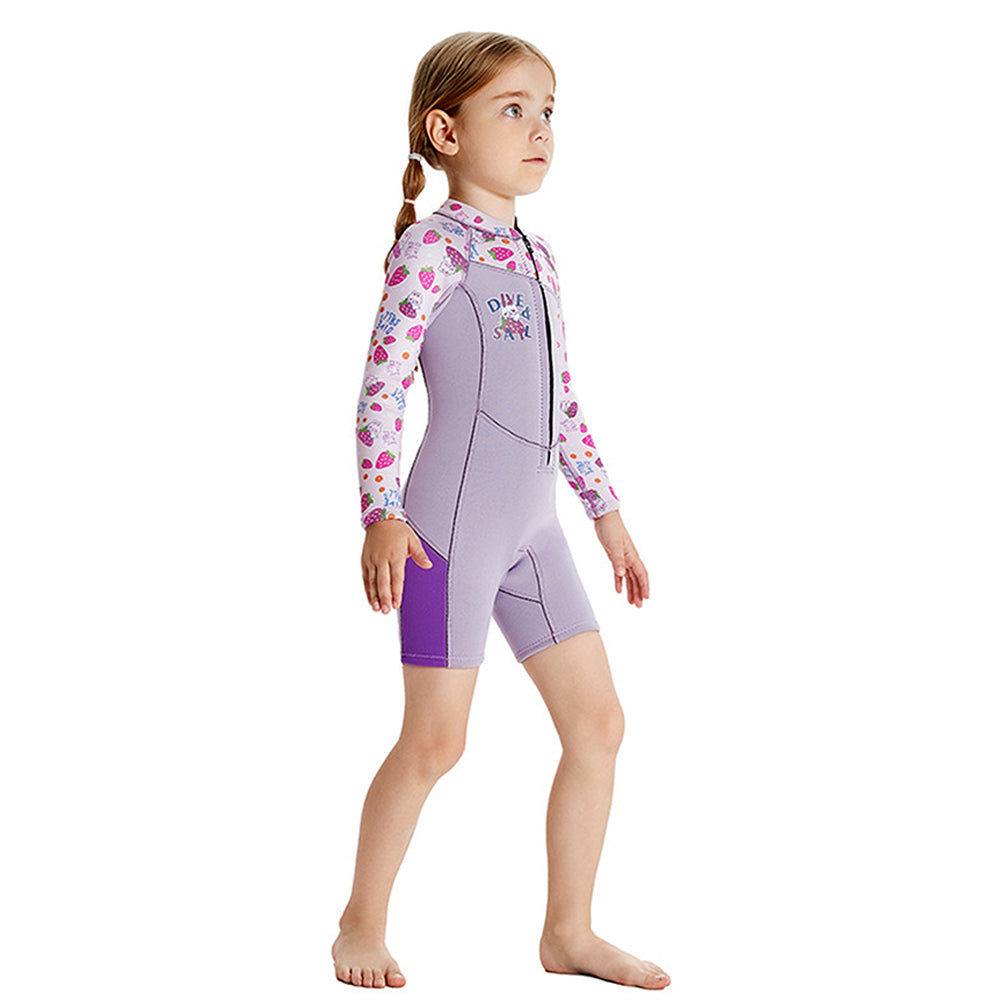 Dive Purple Strawberry Printed Knee Length 2.5mm Neoprene Kids Swimsuit with Free Washbag