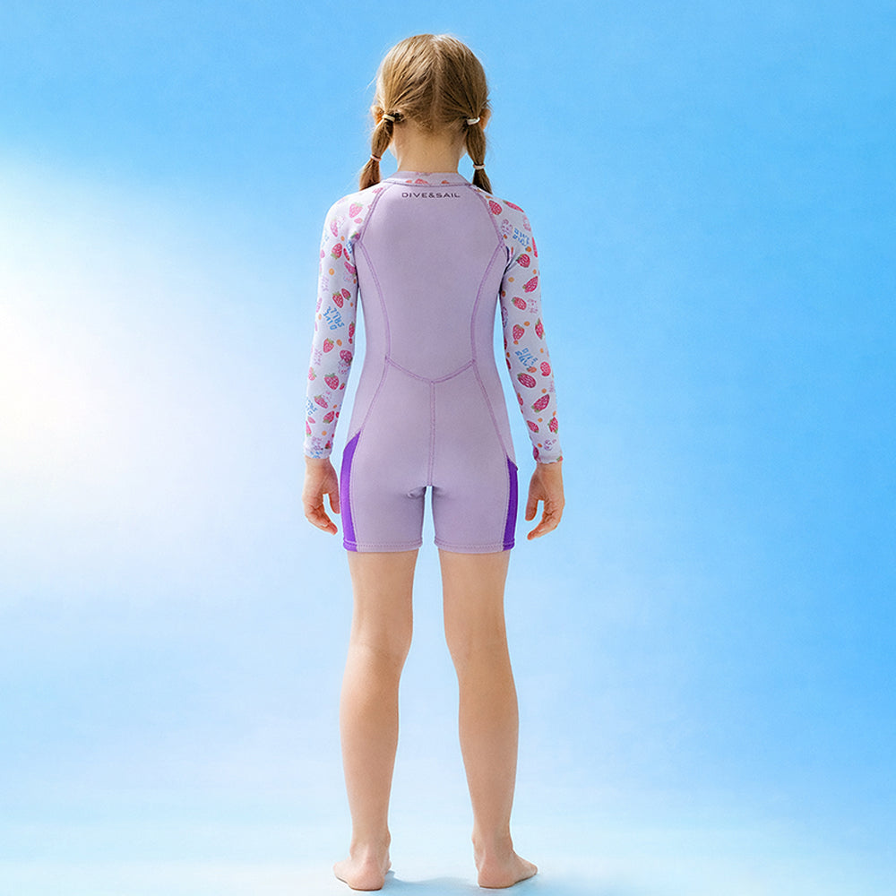 Dive Purple Strawberry Printed Knee Length 2.5mm Neoprene Kids Swimsuit with Free Washbag