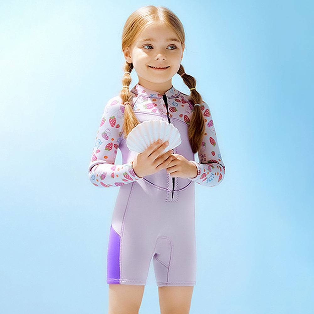 Dive Purple Strawberry Printed Knee Length 2.5mm Neoprene Kids Swimsuit with Free Washbag