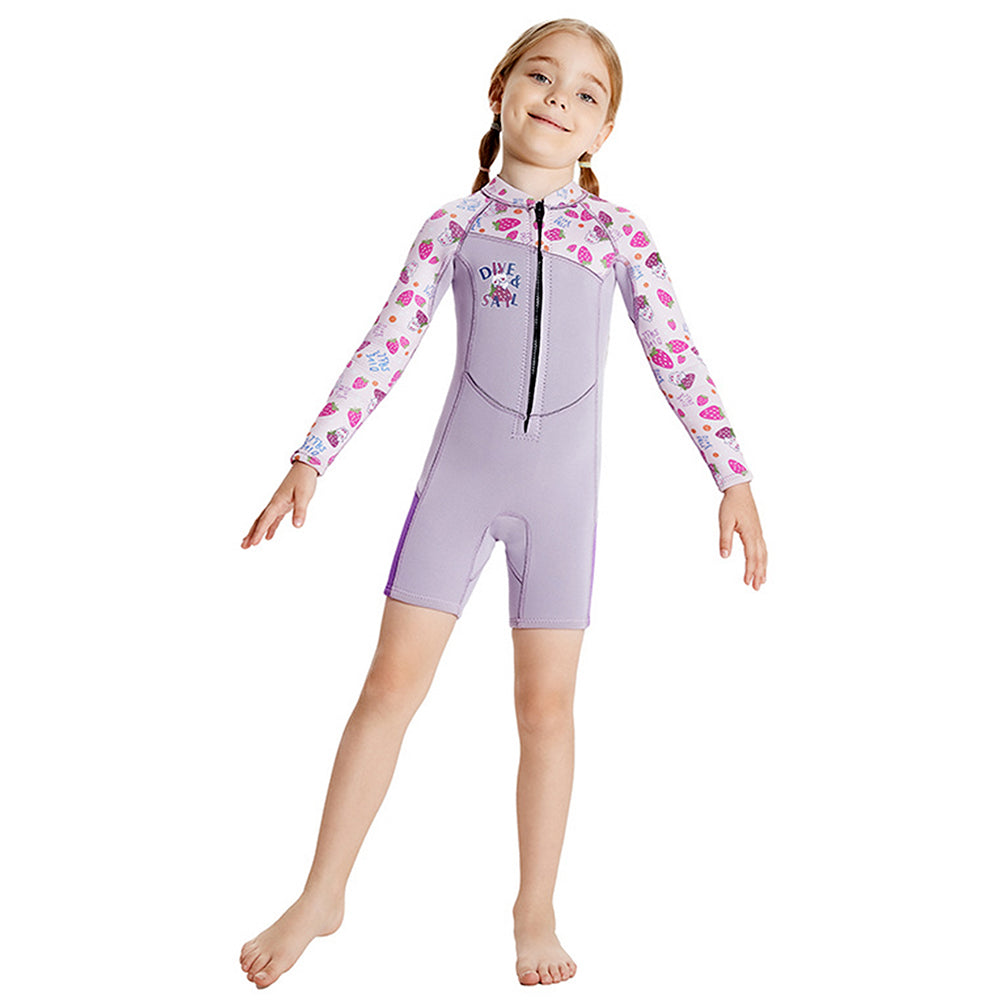 Dive Purple Strawberry Printed Knee Length 2.5mm Neoprene Kids Swimsuit with Free Washbag