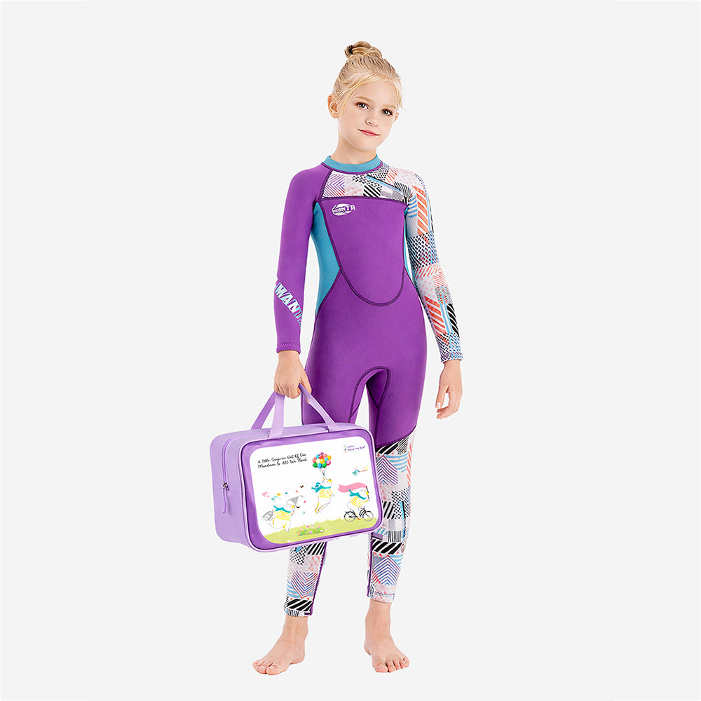 Dive Purple & Teal Geometric Printed Full Length 2.5mm Neoprene Kids Swimsuit with Free Washbag