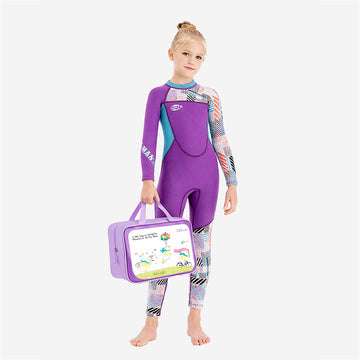 Dive Purple & Teal Geometric Printed Full Length 2.5mm Neoprene Kids Swimsuit with Free Washbag