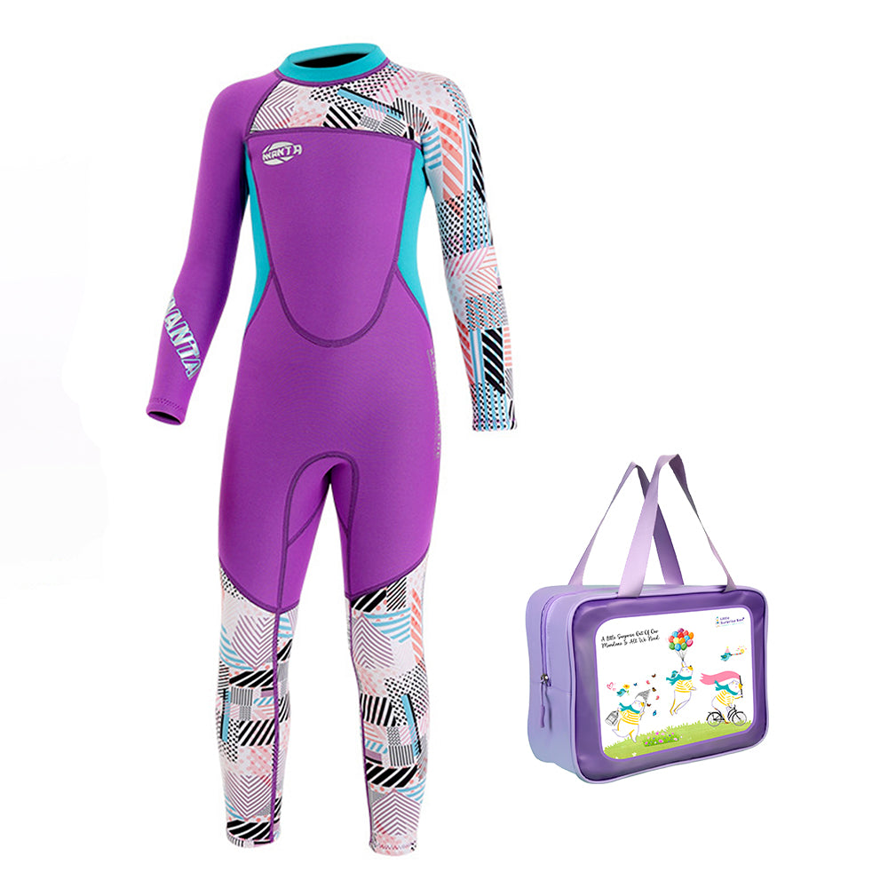 Dive Purple & Teal Geometric Printed Full Length 2.5mm Neoprene Kids Swimsuit with Free Washbag