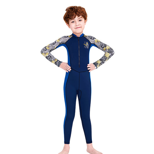 Full Sleeves Kids Swimwear Blue & Dark Blue Palm Leaves printed Sleeves, UPF 50+