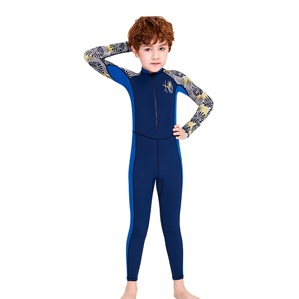 Full Sleeves Kids Swimwear Blue & Dark Blue Palm Leaves printed Sleeves, UPF 50+