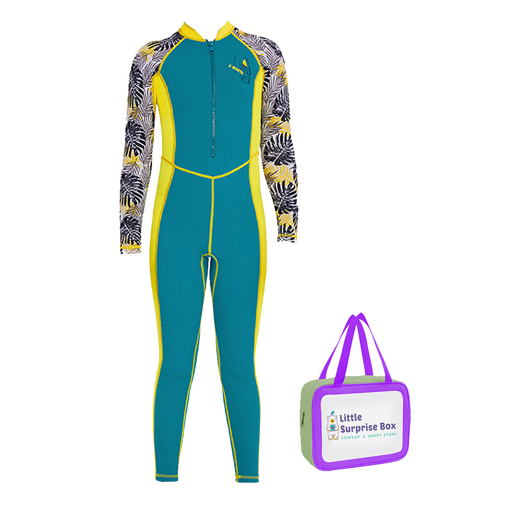 Full Sleeves Kids Swimwear Yellow & Green Palm Leaves printed Sleeves, UPF 50+ with Free Washbag
