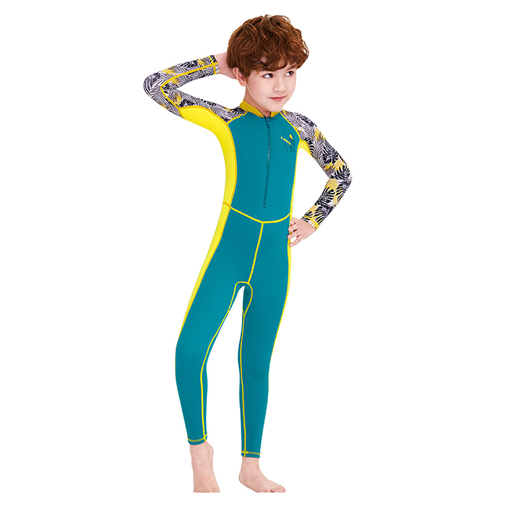 Full Sleeves Kids Swimwear Yellow & Green Palm Leaves printed Sleeves, UPF 50+ with Free Washbag