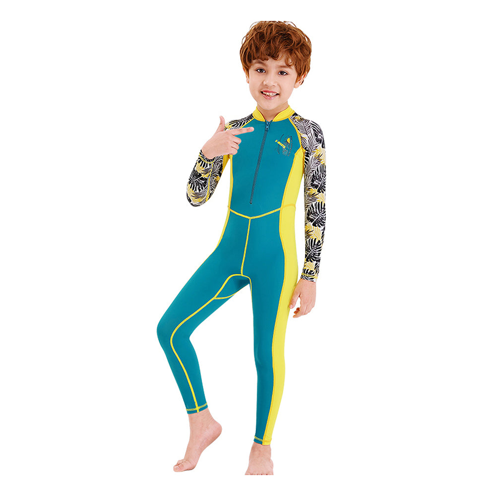 Full Sleeves Kids Swimwear Yellow & Green Palm Leaves printed Sleeves, UPF 50+ with Free Washbag