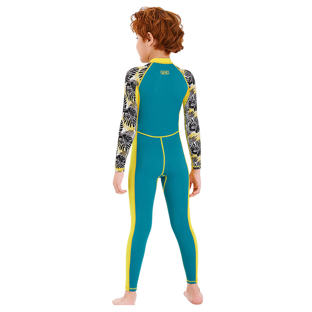 Full Sleeves Kids Swimwear Yellow & Green Palm Leaves printed Sleeves, UPF 50+ with Free Washbag