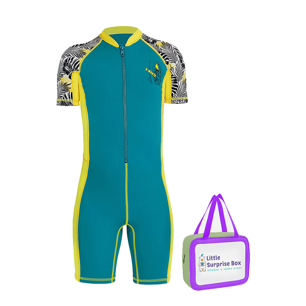 Half Sleeves Kids Swimwear Yellow & Green Palm Leaves Printed Sleeves, Knee Length with UPF 50+ with  Free Washbag