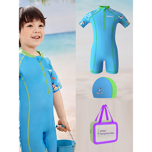 Light Blue & Green Pirates Shark Swimwear for Kids Kids Swimwear with  matching Swim Cap with UPF 50+