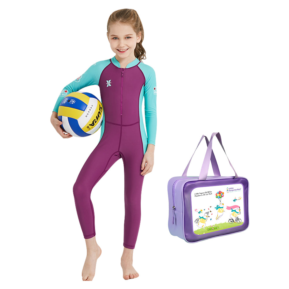 Maroon Mint Quote Sleeves Full Lenth Kids Swimwear With Upf 50+ Feature with Free Washbag