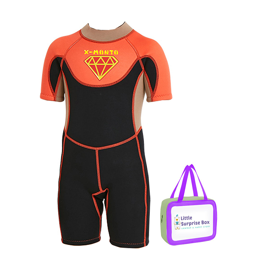 Superhero Brown & Orange 2.5mm Neoprene Knee Length Kids Swimsuit, Half Sleeves Swimwear with Free Washbag