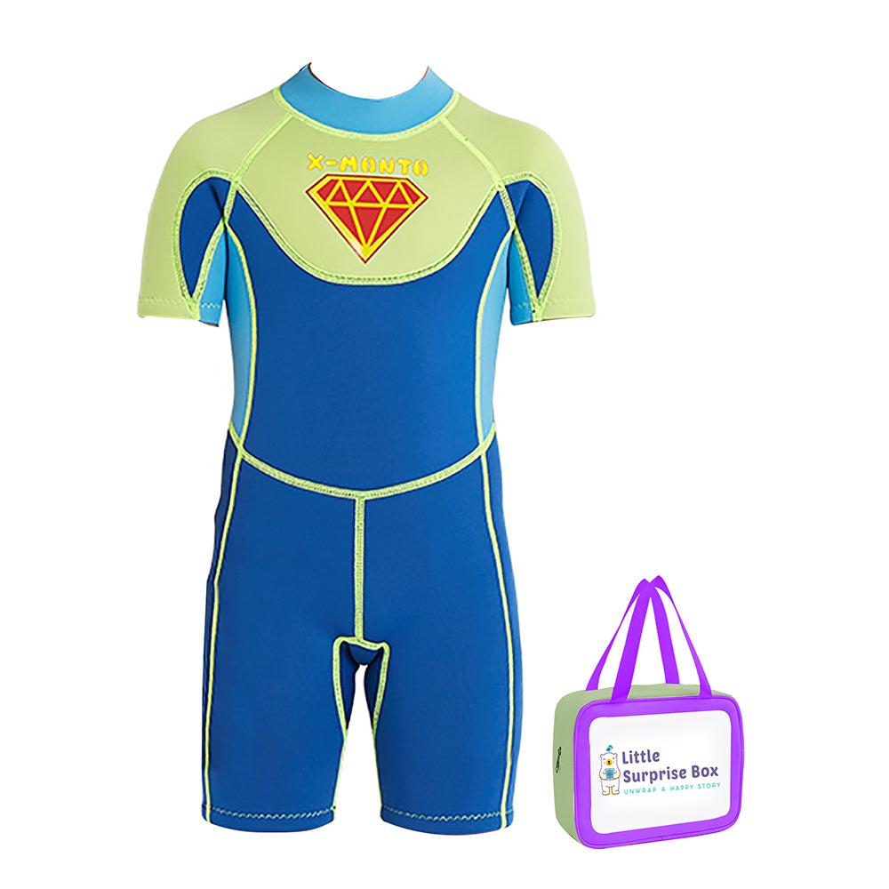 Superhero Green & Blue 2.5mm Neoprene Knee Length Kids Swimsuit, Half Sleeves Swimwear with Free Washbag
