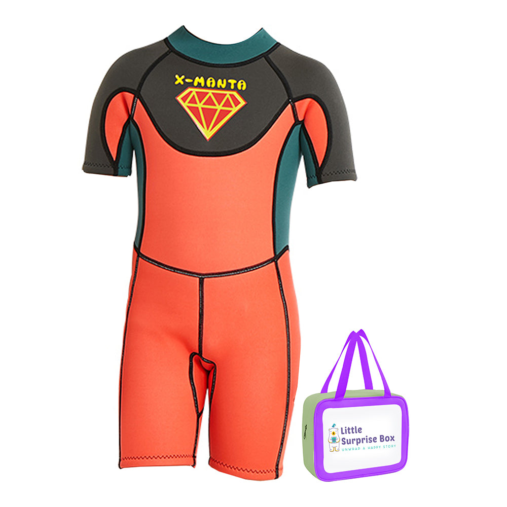 Superhero Green & Orange 2.5mm Neoprene Knee Length Kids Swimsuit, Half Sleeves Swimwear with Free Washbag