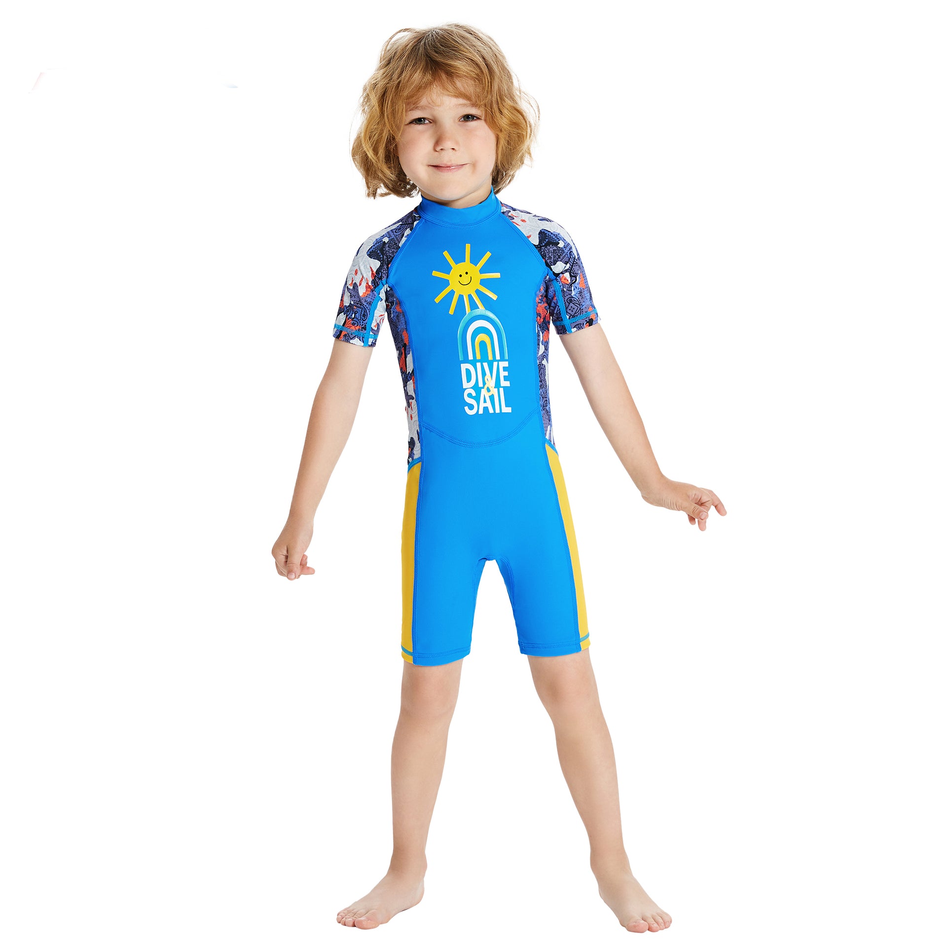 Half Sleeves Unisex Swimwear Sky Blue+Yellow Sunshine Printed Knee Length,UPF 50+ with Free Washbag