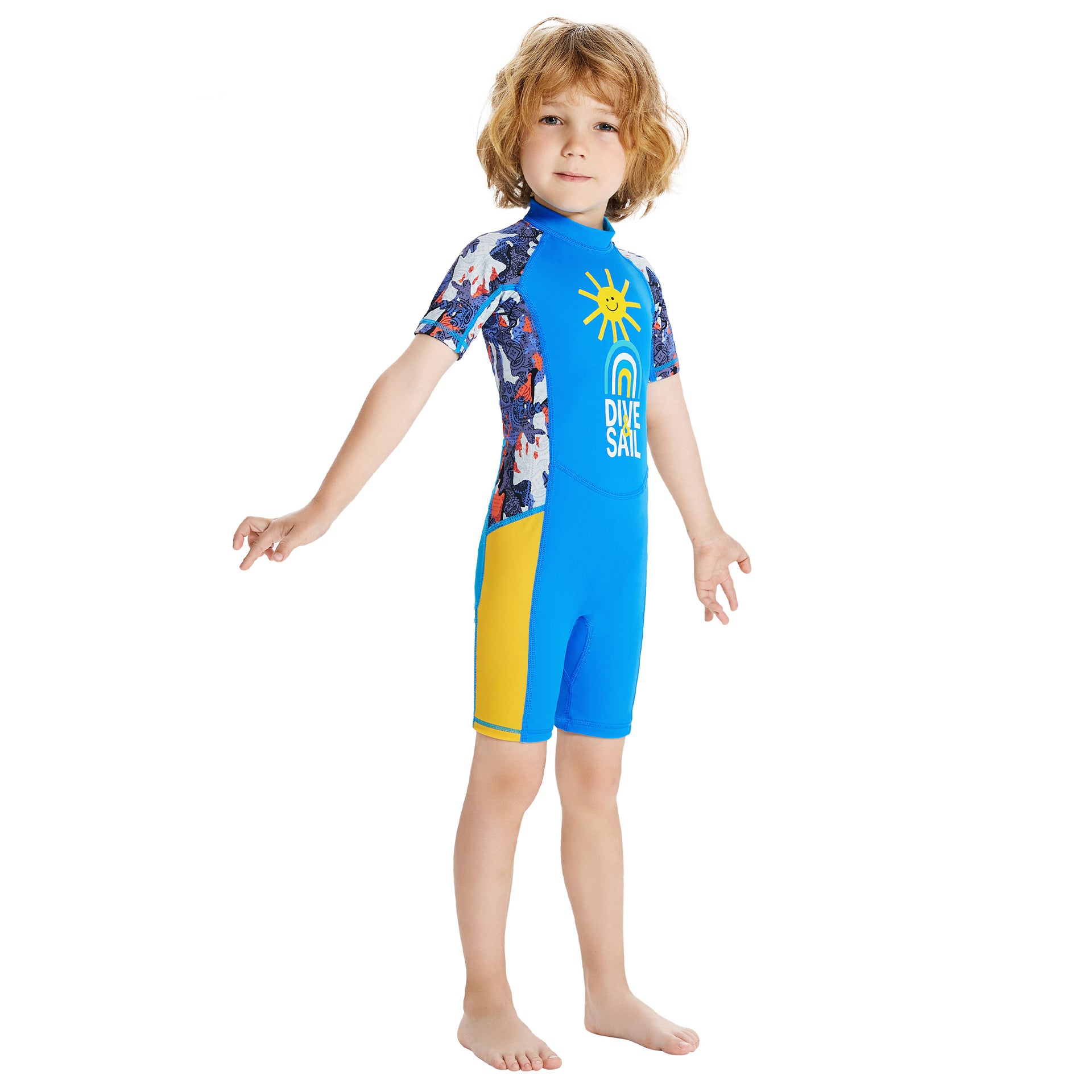 Half Sleeves Unisex Swimwear Sky Blue+Yellow Sunshine Printed Knee Length,UPF 50+ with Free Washbag