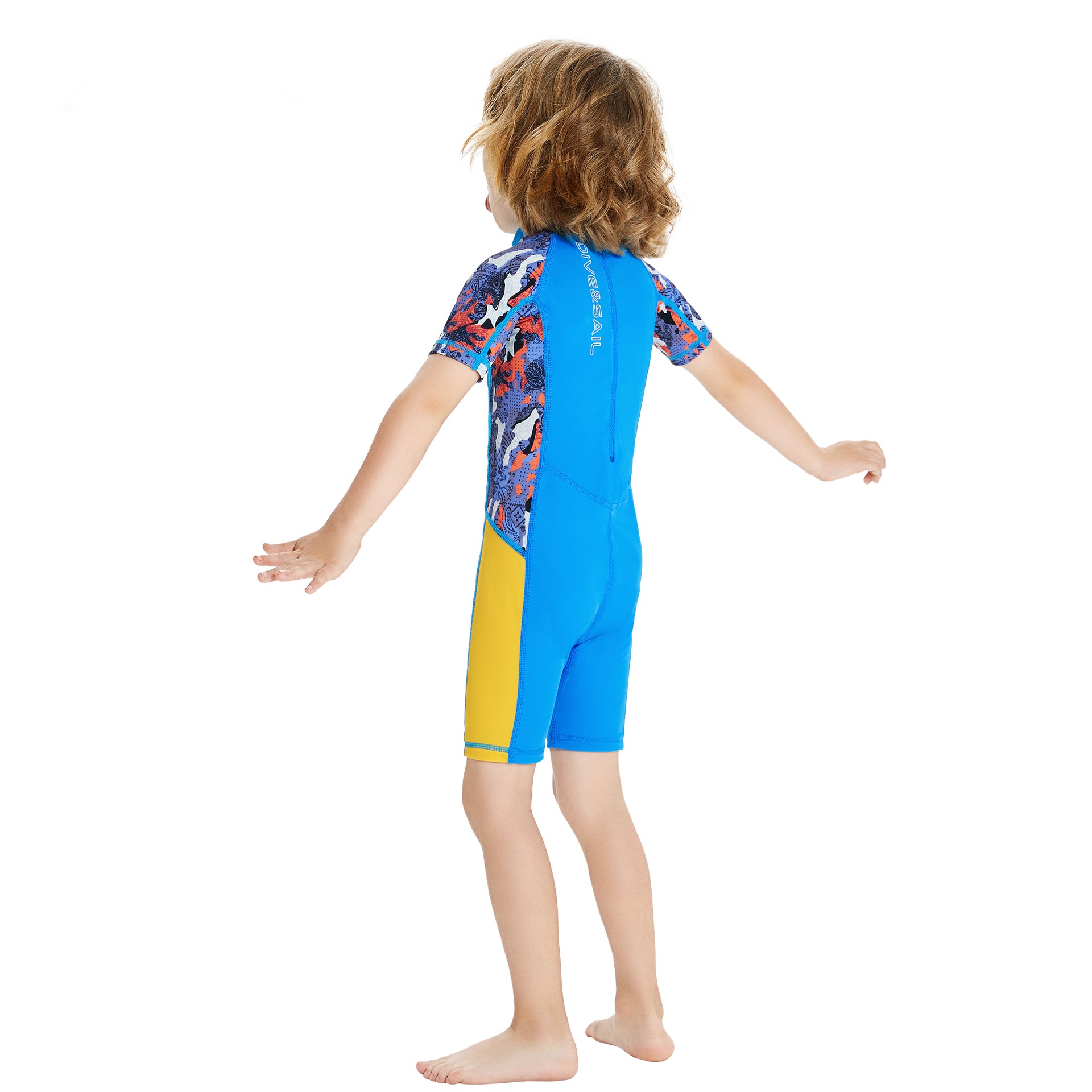 Half Sleeves Unisex Swimwear Sky Blue+Yellow Sunshine Printed Knee Length,UPF 50+ with Free Washbag