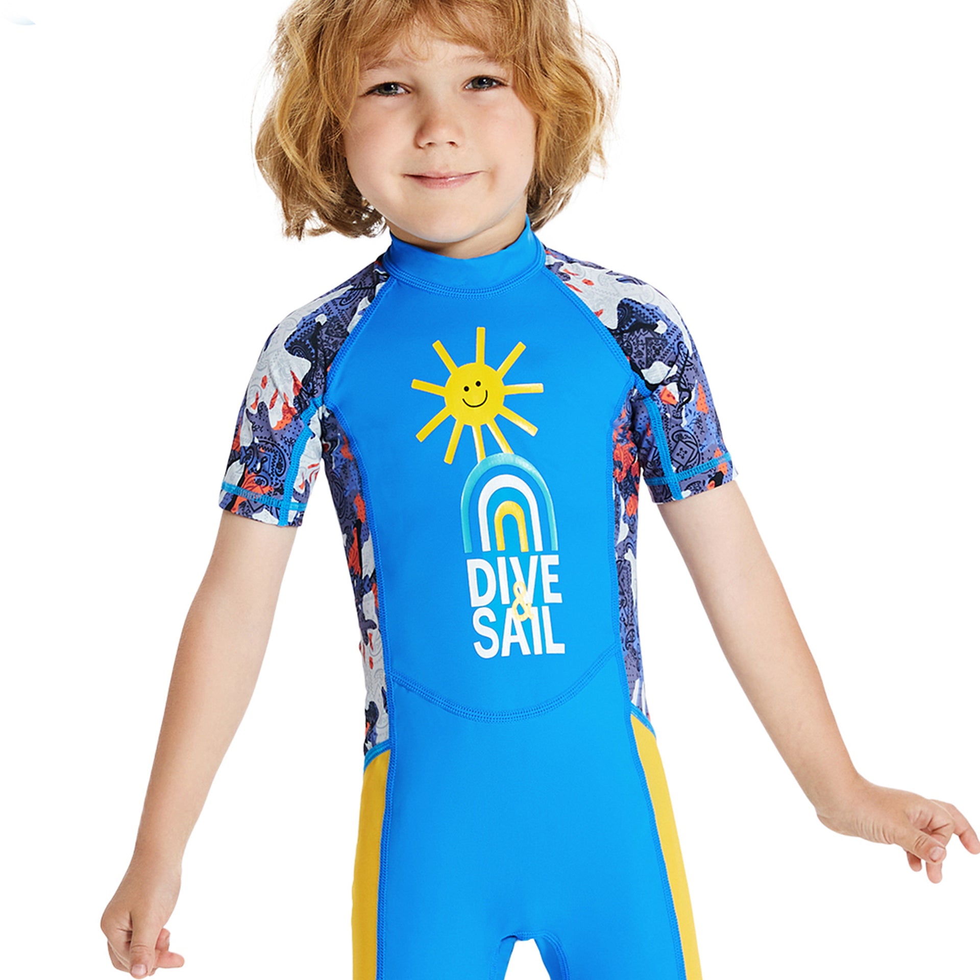Half Sleeves Unisex Swimwear Sky Blue+Yellow Sunshine Printed Knee Length,UPF 50+ with Free Washbag