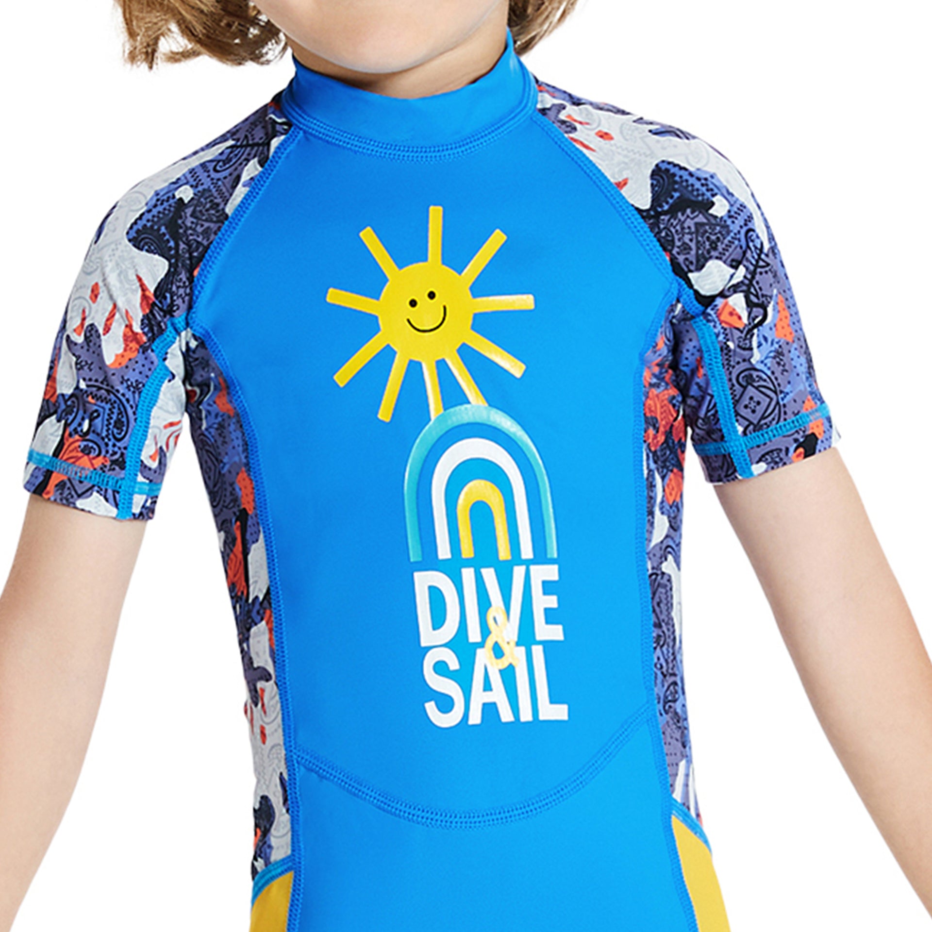 Half Sleeves Unisex Swimwear Sky Blue+Yellow Sunshine Printed Knee Length,UPF 50+ with Free Washbag
